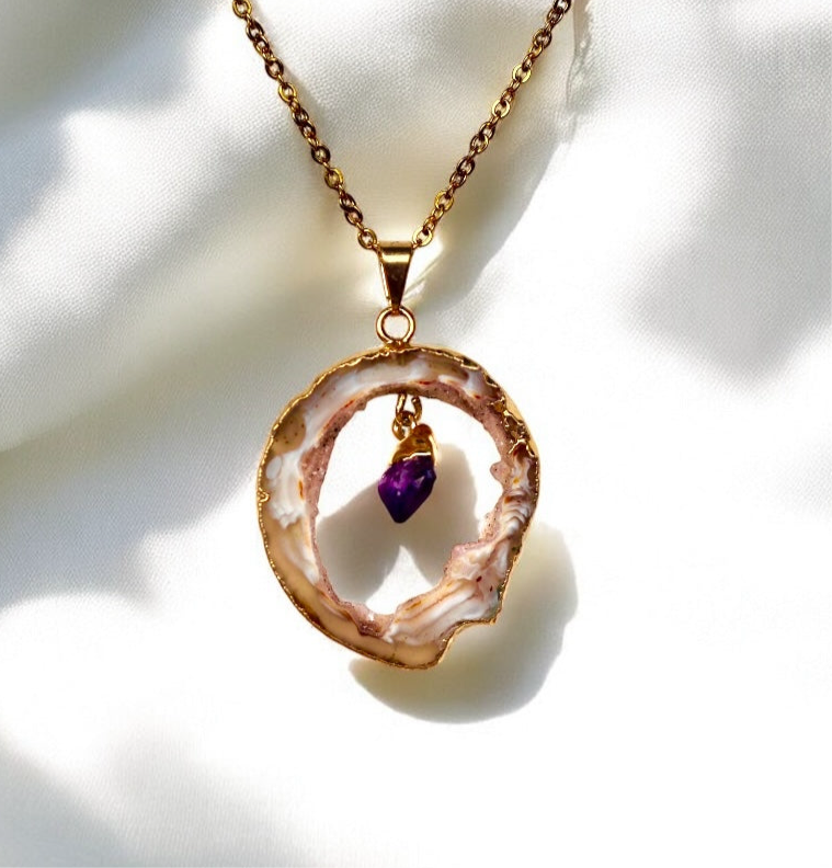 Agate Geode Slice with Amethyst Pendant