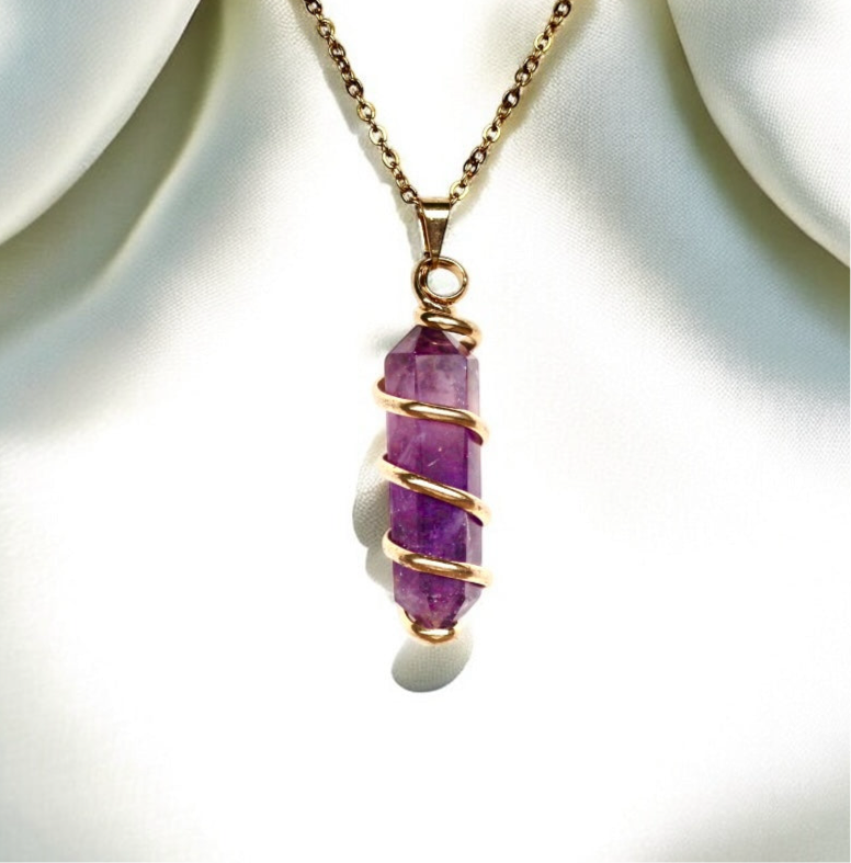 Amethyst Spiral Wrapped Necklace Gold