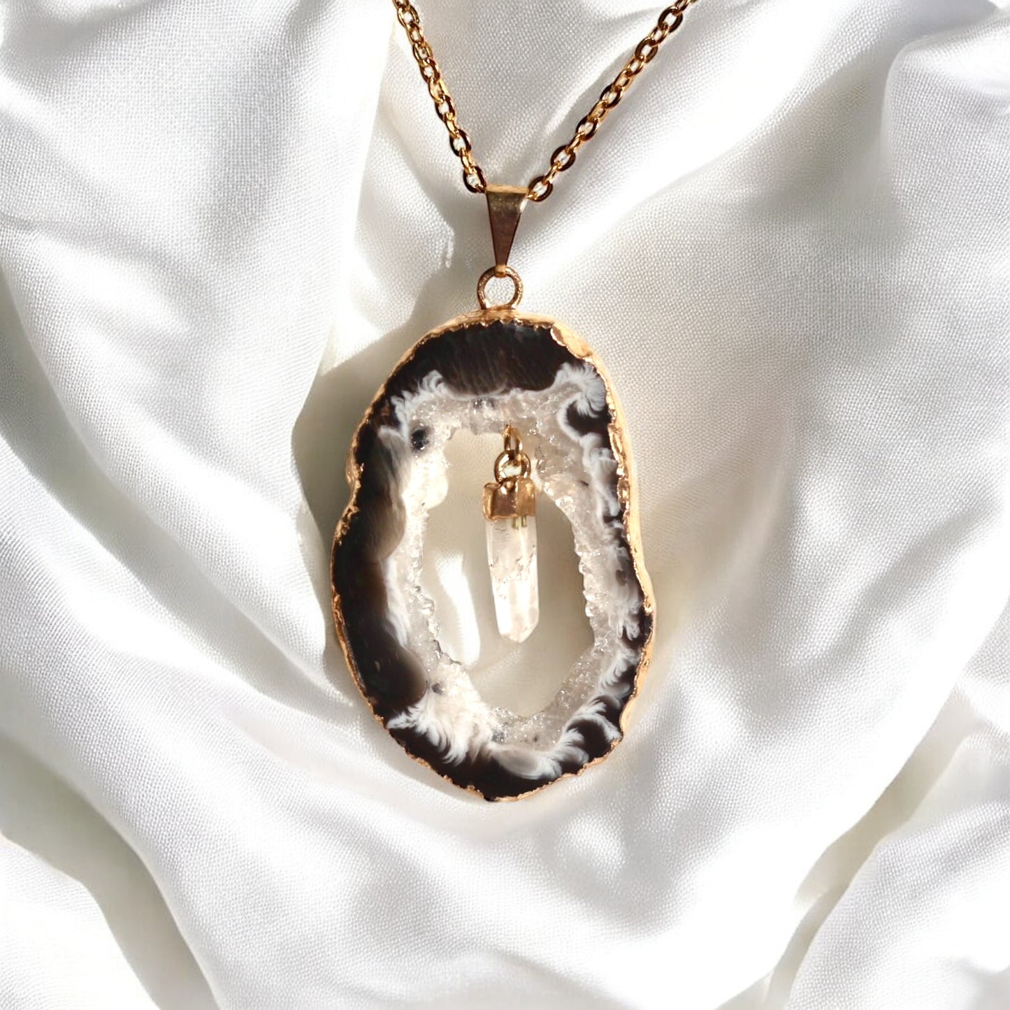 Agate Geode Slice with Clear Quartz Pendant