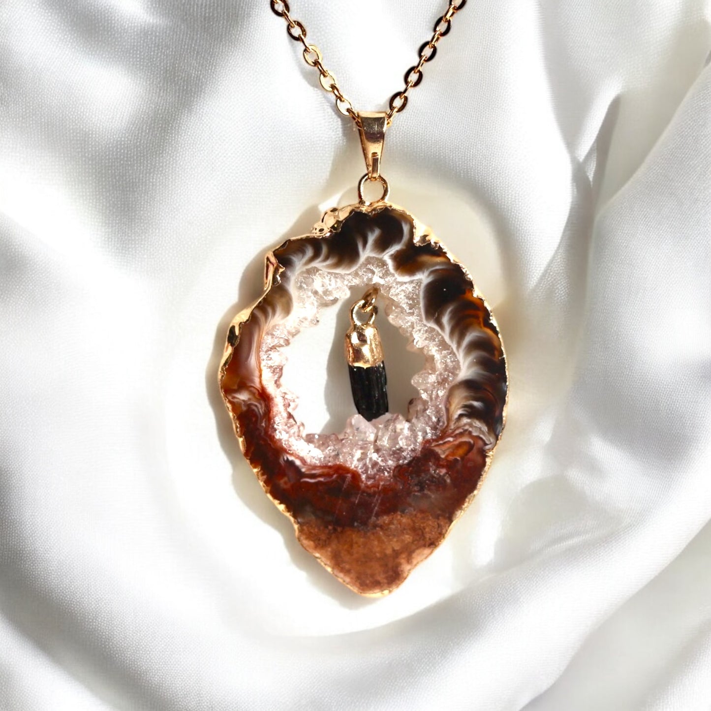Agate Geode Slice with Black Tourmaline Pendant