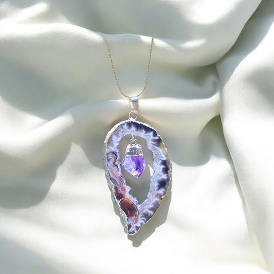 Amethyst Gold Agate Geode Slice Pendant