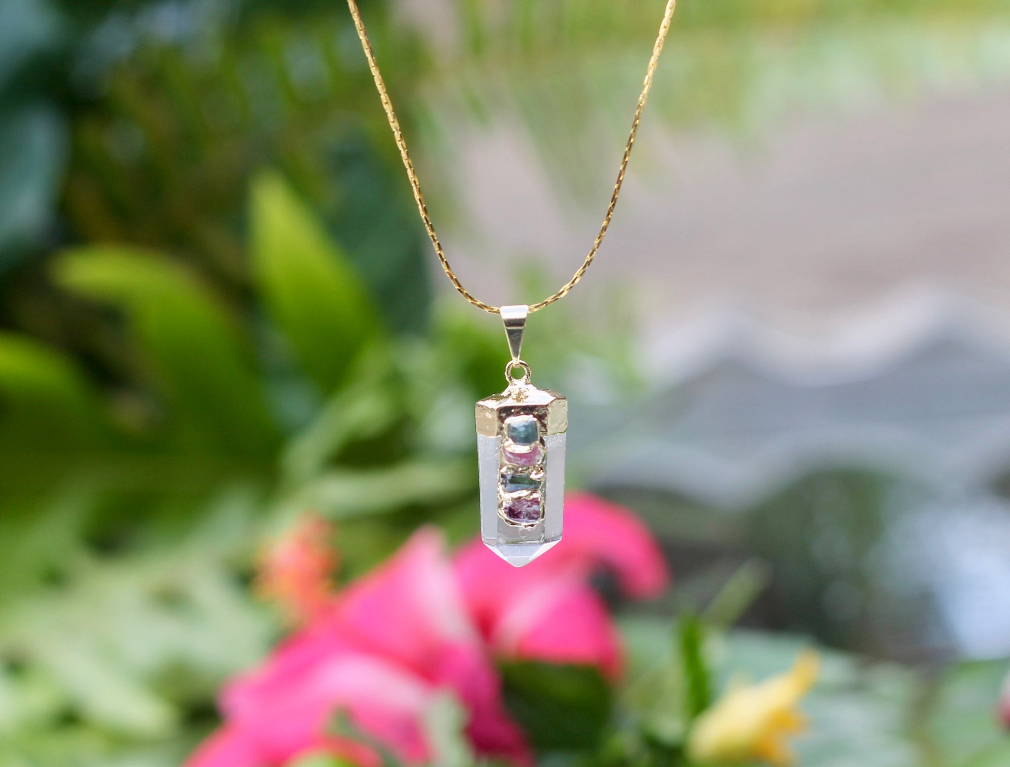 Quartz Crystal w/ Pink and Green Tourmaline Watermelon Necklace