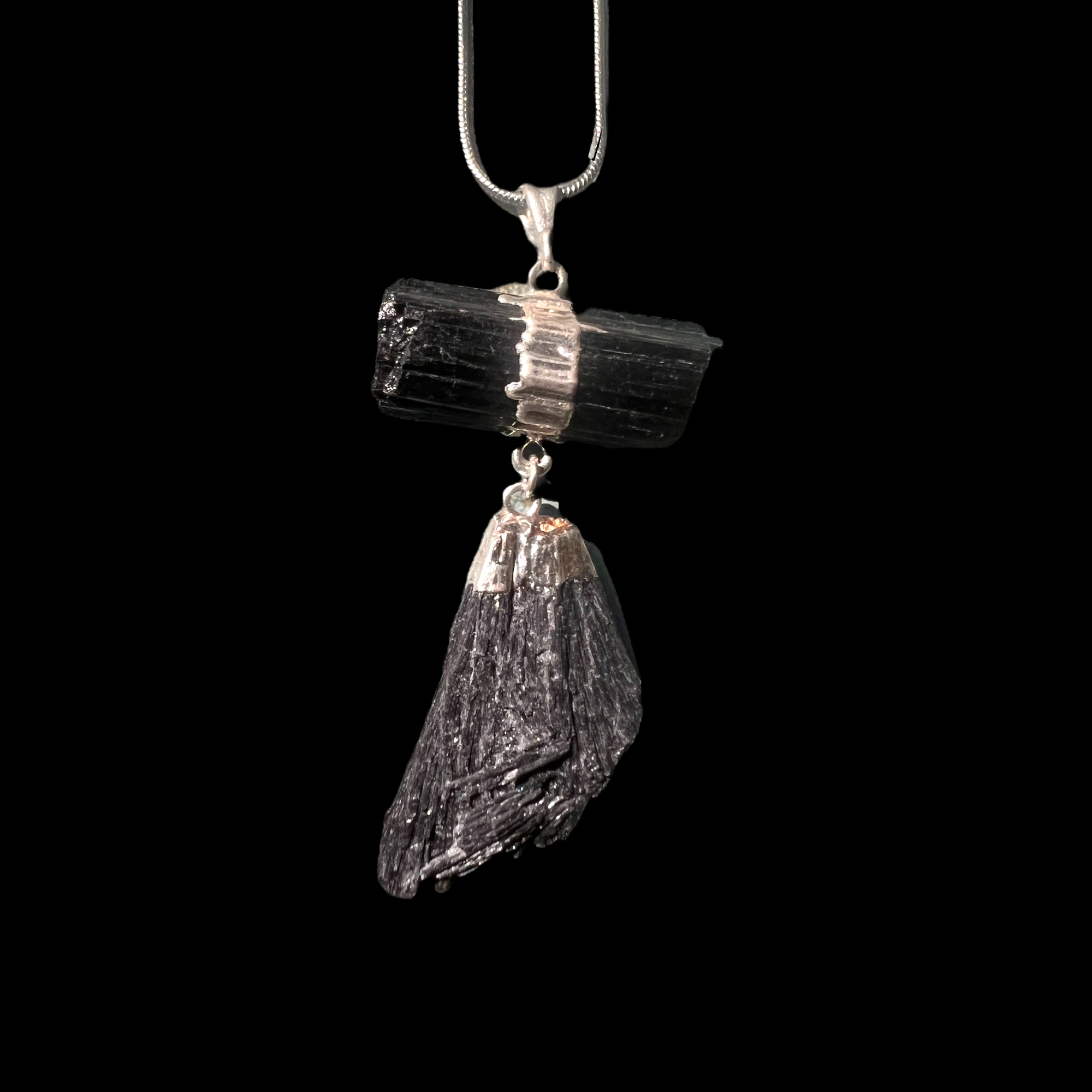 Black Tourmaline and Black Kyanite Protector Necklace Raw Gems Co